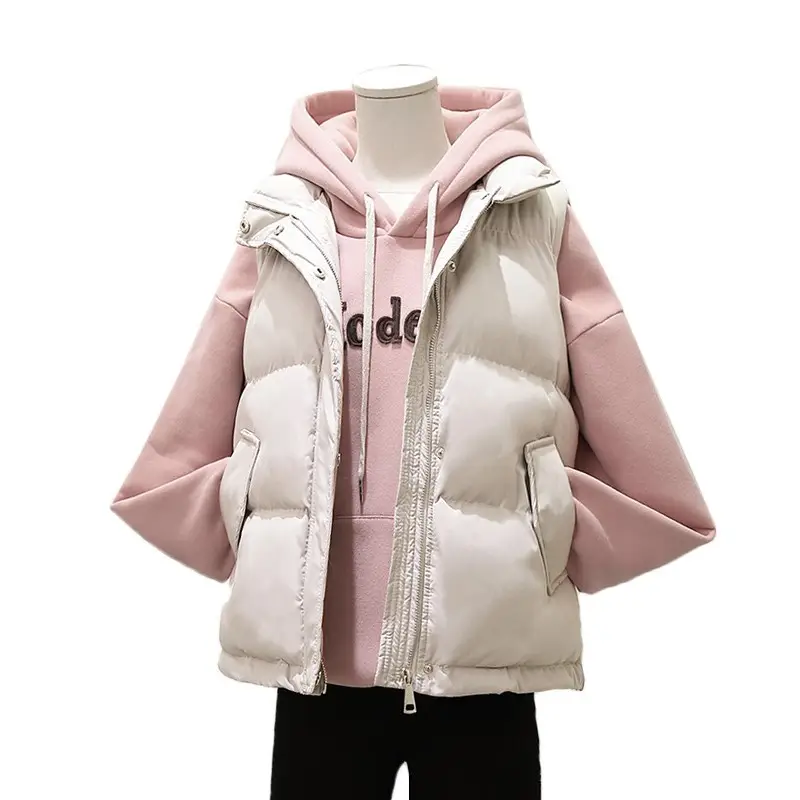 Women Pink Hooded Puffer Vest Coat Autumn Winter