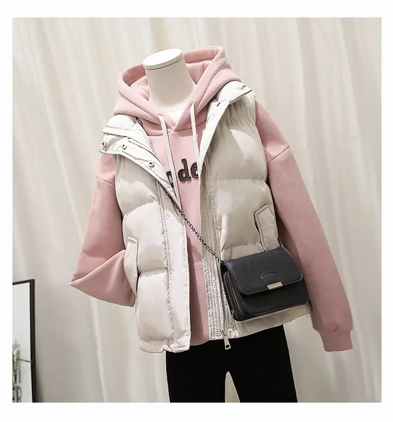 Women Pink Hooded Puffer Vest Coat Autumn Winter — feature 2