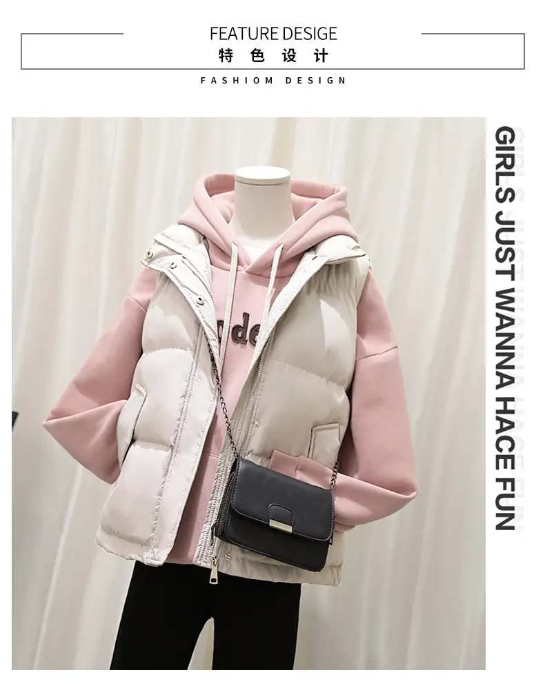 Women Pink Hooded Puffer Vest Coat Autumn Winter — feature 6