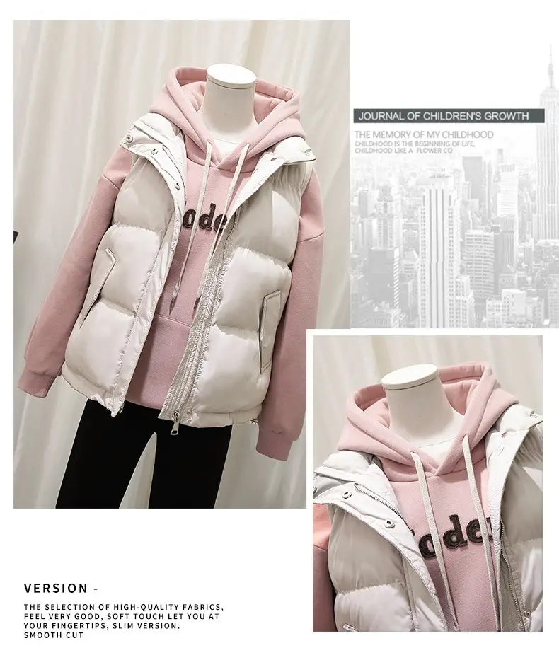 Women Pink Hooded Puffer Vest Coat Autumn Winter — feature 7