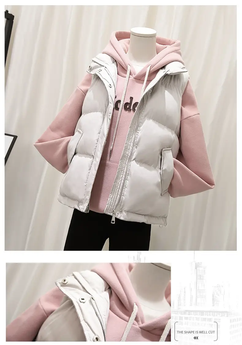 Women Pink Hooded Puffer Vest Coat Autumn Winter — feature 8