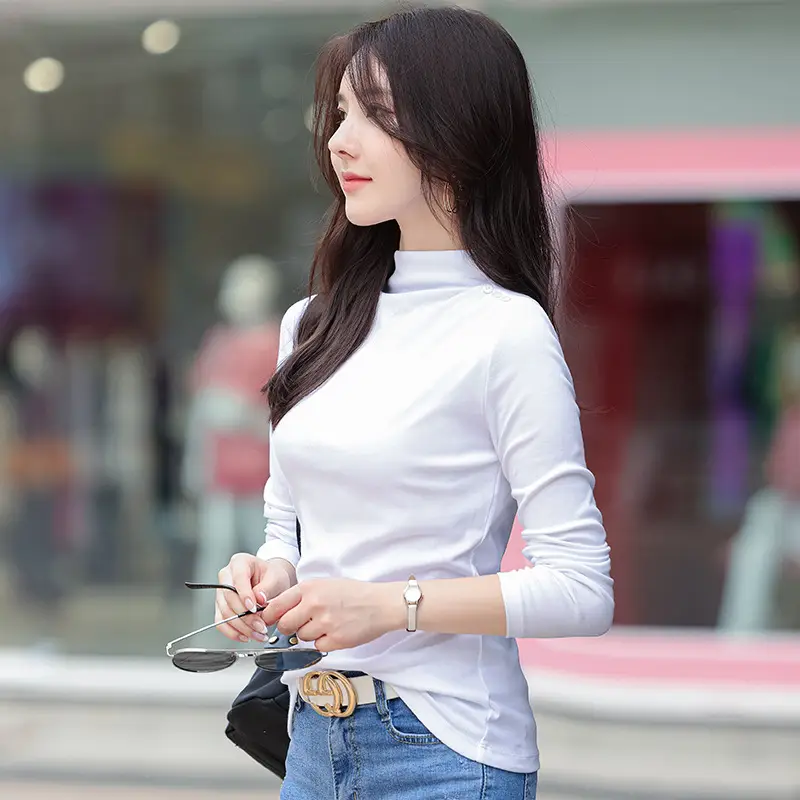 Women's Orange Slim Fit High-Collar T-Shirt Long Sleeve
