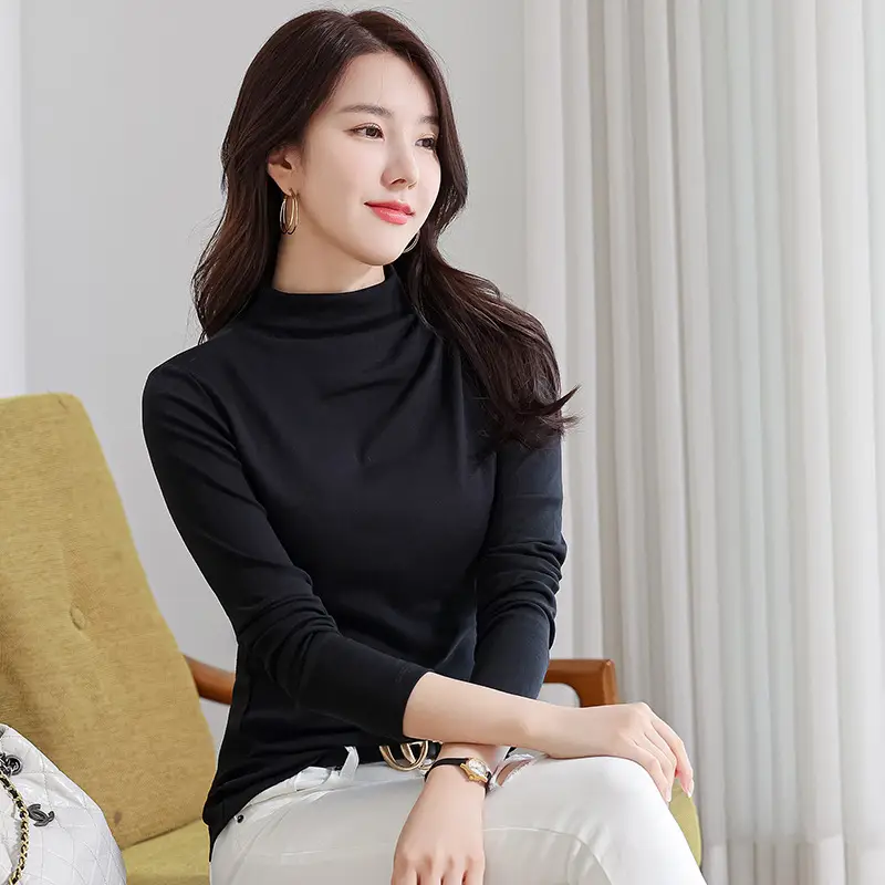 Women's Orange Slim Fit High-Collar T-Shirt Long Sleeve