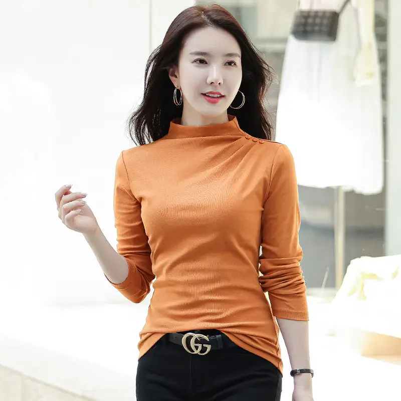 Women's Orange Slim Fit High-Collar T-Shirt Long Sleeve