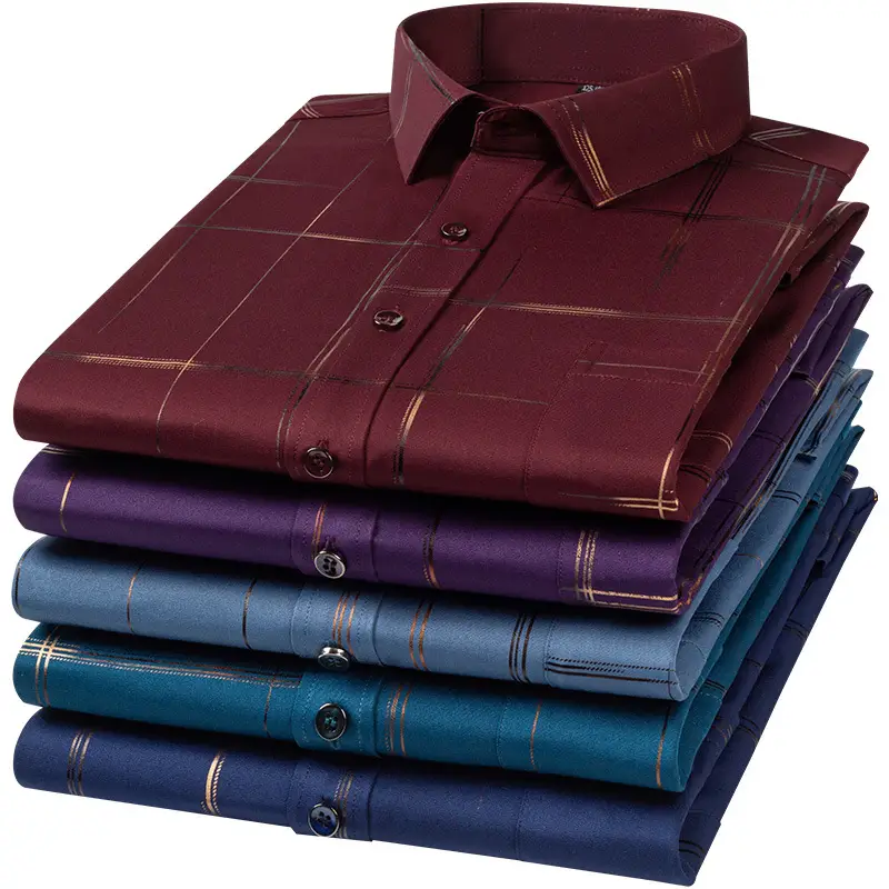 Men's Blue Plaid Button Shirt with Gold Embroidery - Image 9
