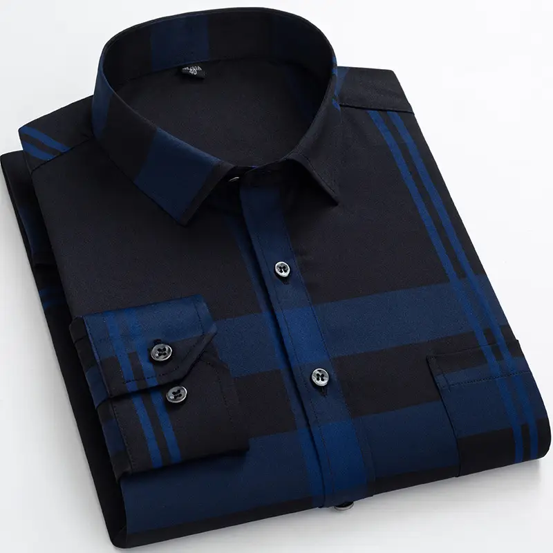 Men's Blue Plaid Button Shirt with Gold Embroidery - Image 12