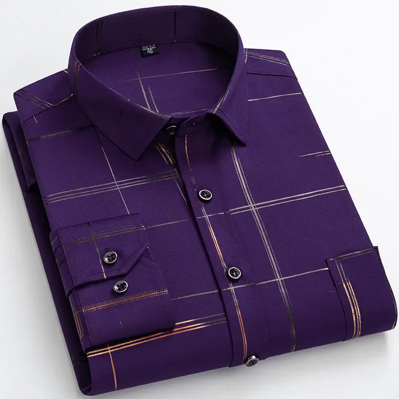 Men's Blue Plaid Button Shirt with Gold Embroidery - Image 13