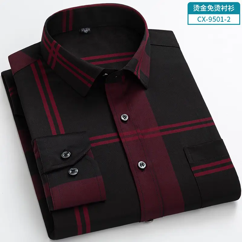 Men's Blue Plaid Button Shirt with Gold Embroidery - Image 2