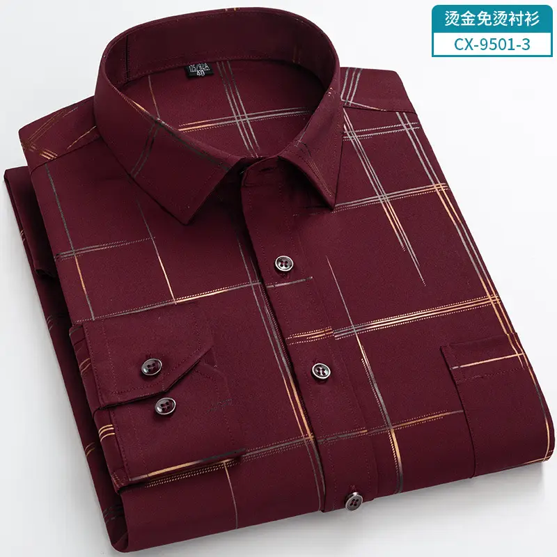 Men's Blue Plaid Button Shirt with Gold Embroidery - Image 3