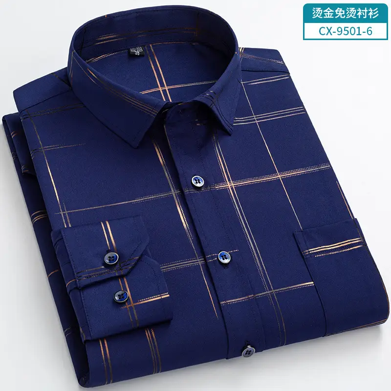 Men's Blue Plaid Button Shirt with Gold Embroidery - Image 5