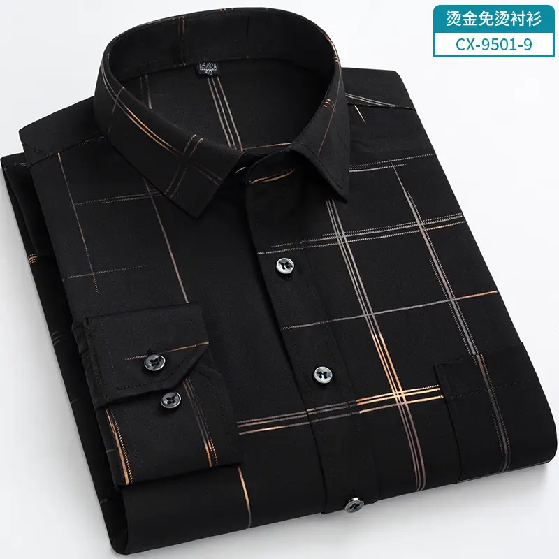 Men's Blue Plaid Button Shirt with Gold Embroidery - Image 6