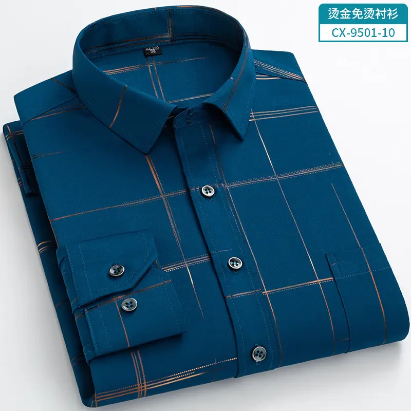 Men's Blue Plaid Button Shirt with Gold Embroidery - Image 7