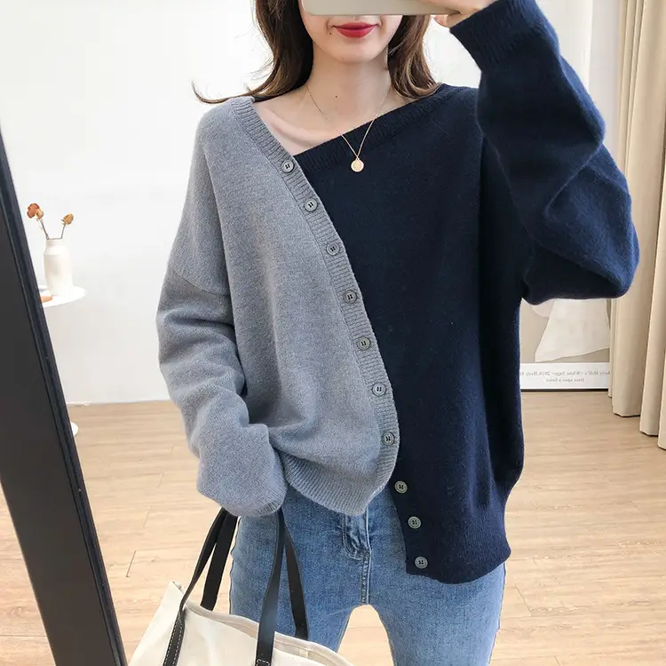 Women Irregular Knitted Pullover Sweater Blue Grey - Image 4