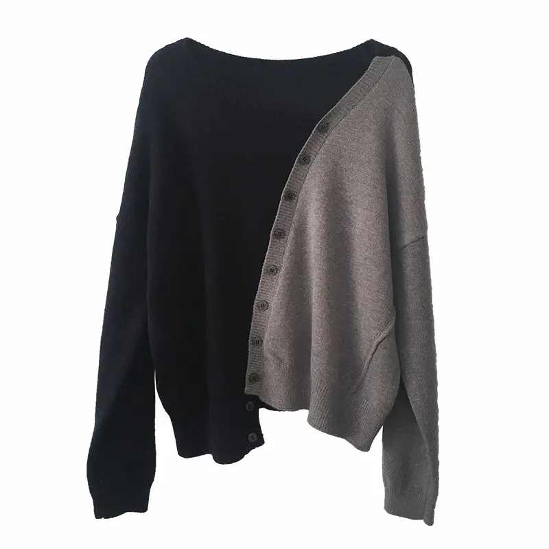 Women Irregular Knitted Pullover Sweater Blue Grey - Image 7