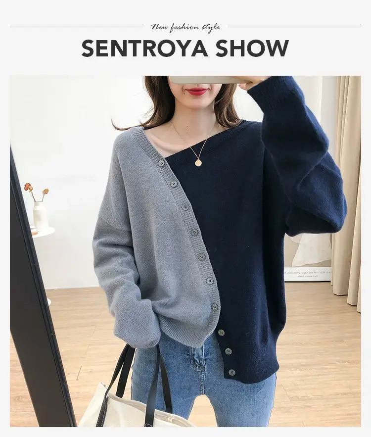 Women Irregular Knitted Pullover Sweater Blue Grey — feature 1