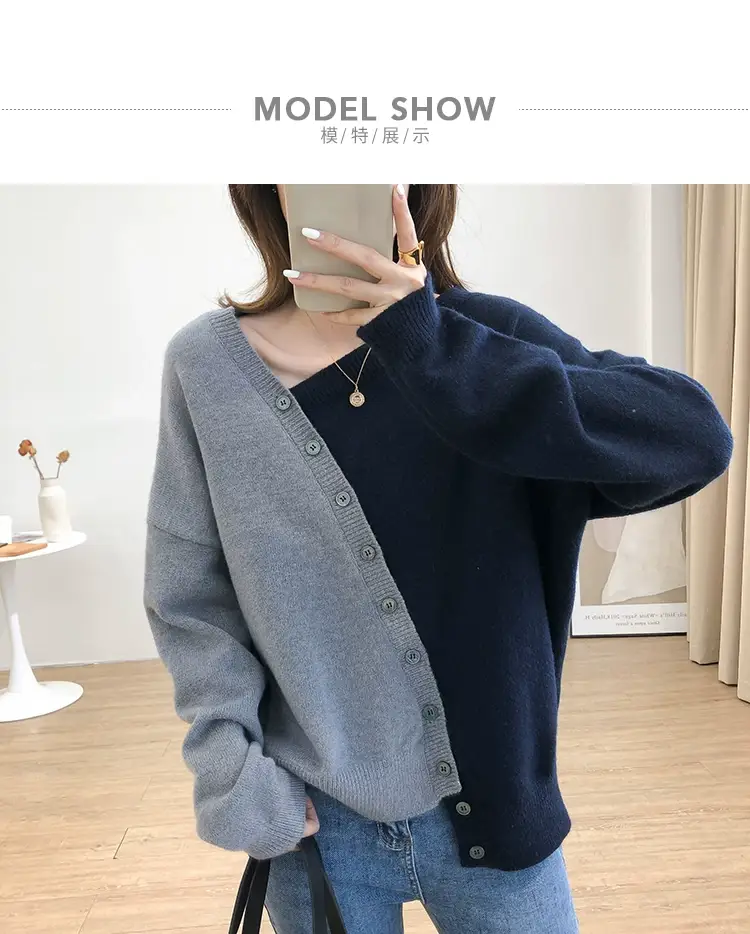 Women Irregular Knitted Pullover Sweater Blue Grey — feature 10