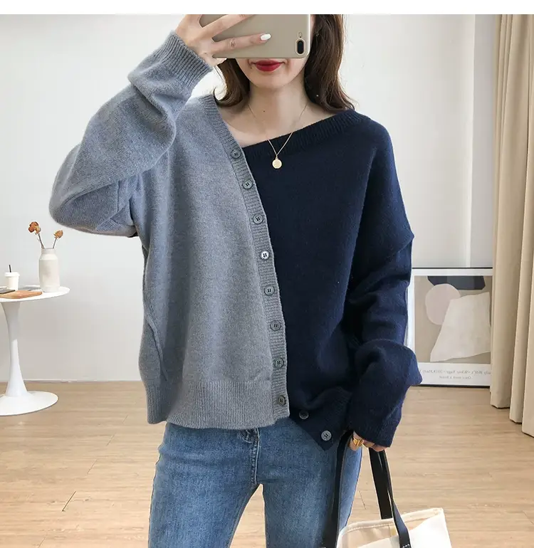 Women Irregular Knitted Pullover Sweater Blue Grey — feature 11