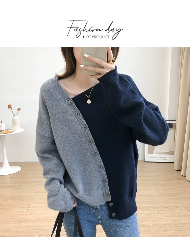 Women Irregular Knitted Pullover Sweater Blue Grey — feature 12
