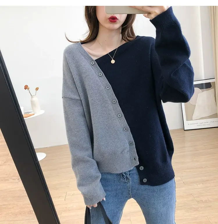 Women Irregular Knitted Pullover Sweater Blue Grey — feature 13