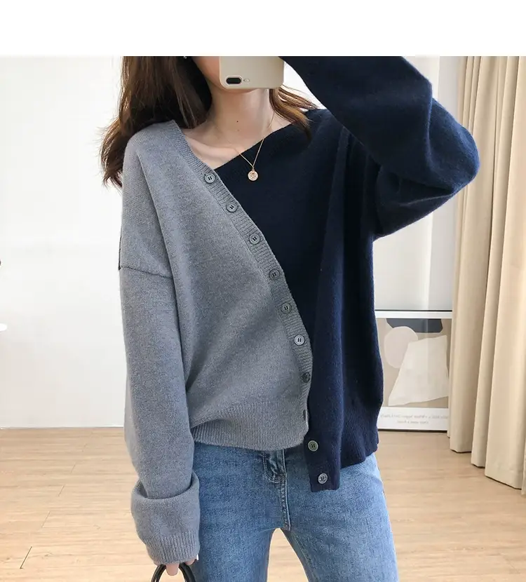 Women Irregular Knitted Pullover Sweater Blue Grey — feature 16