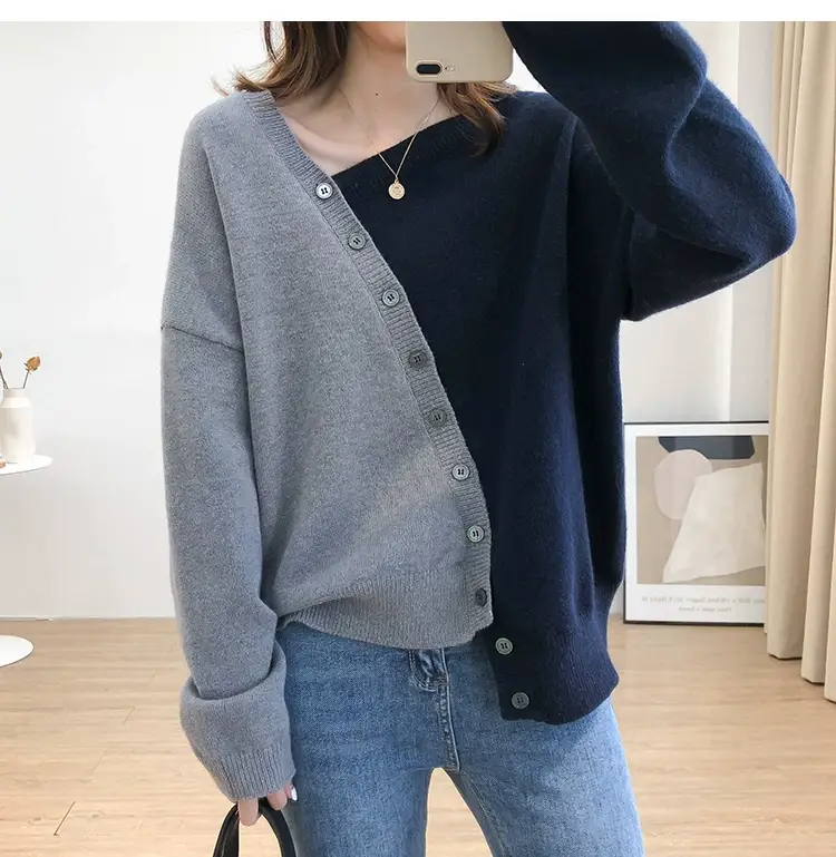 Women Irregular Knitted Pullover Sweater Blue Grey — feature 17