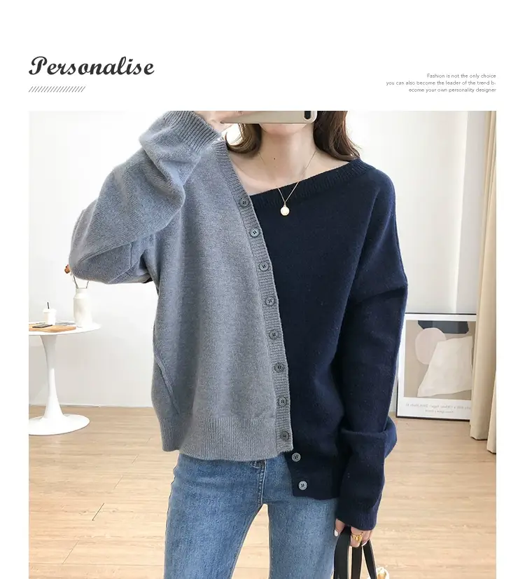 Women Irregular Knitted Pullover Sweater Blue Grey — feature 18