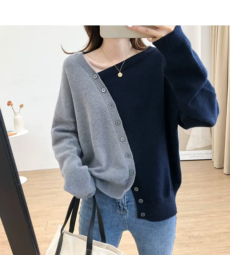 Women Irregular Knitted Pullover Sweater Blue Grey — feature 19