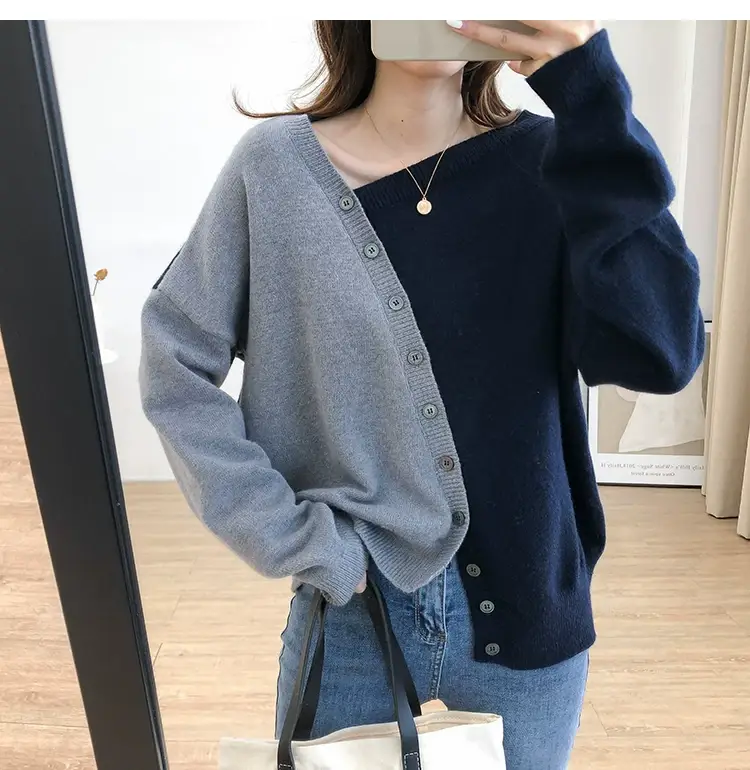 Women Irregular Knitted Pullover Sweater Blue Grey — feature 20