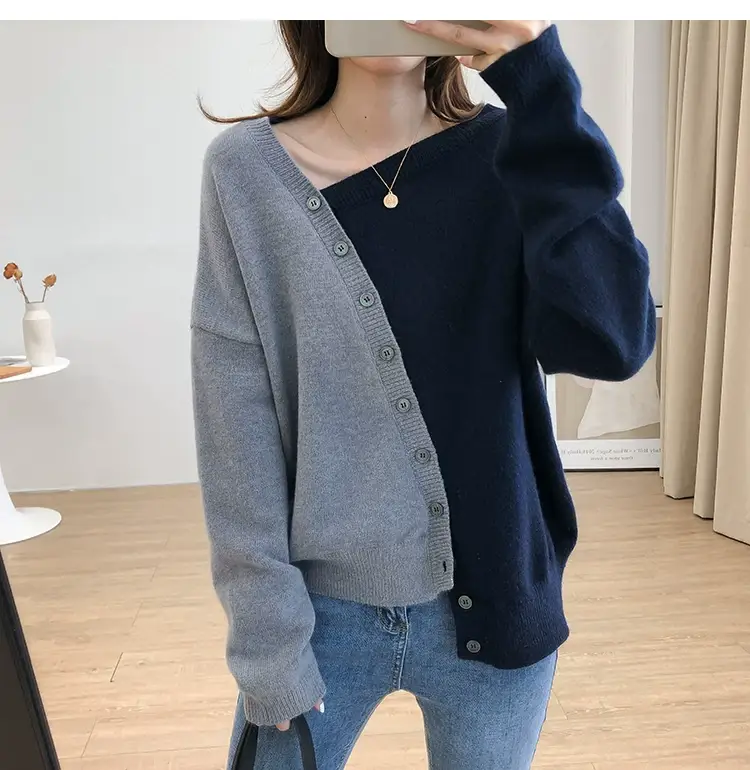 Women Irregular Knitted Pullover Sweater Blue Grey — feature 21