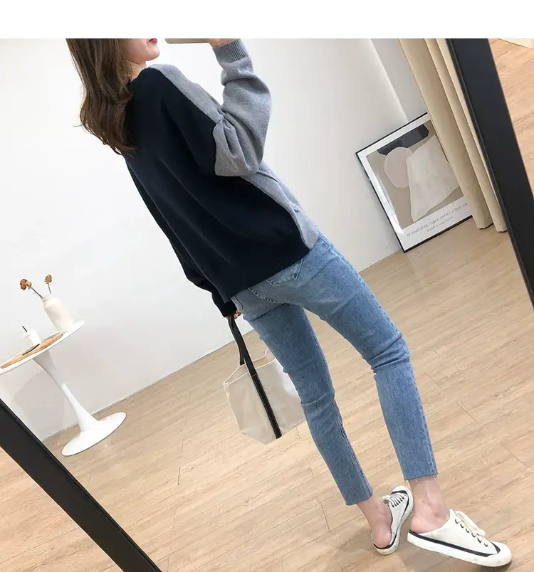 Women Irregular Knitted Pullover Sweater Blue Grey — feature 23