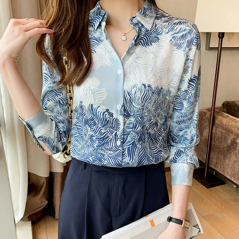 Women's Blue Leaf Print Long Sleeve Lapel Shirt - Image 3