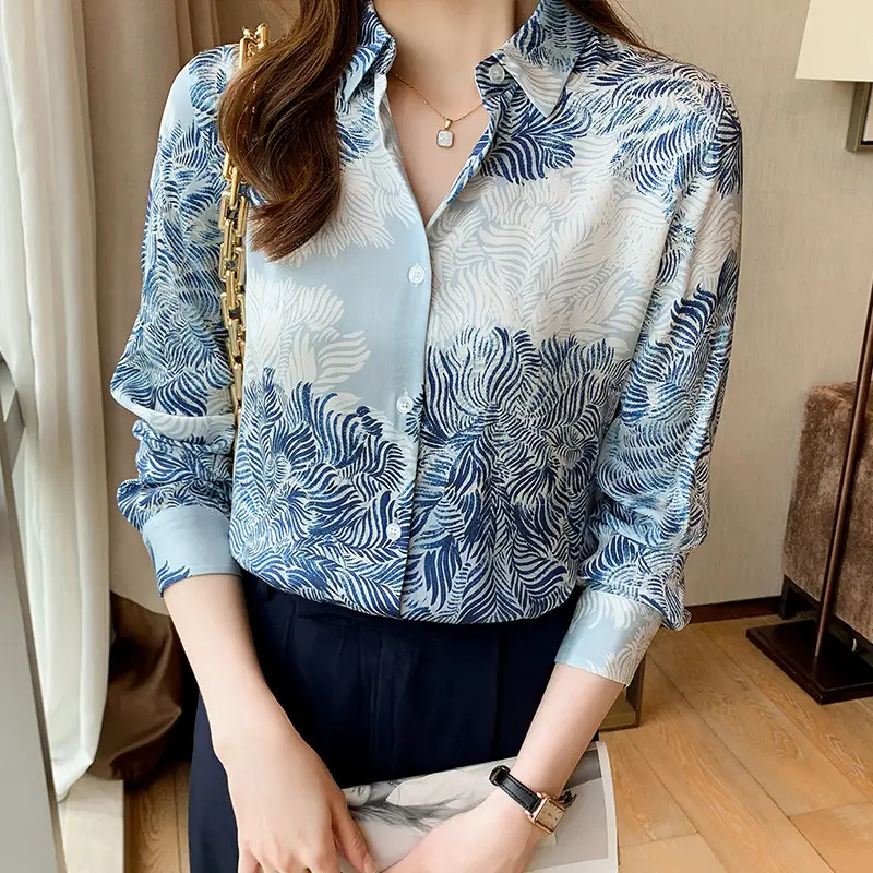 Women's Blue Leaf Print Long Sleeve Lapel Shirt - Image 4