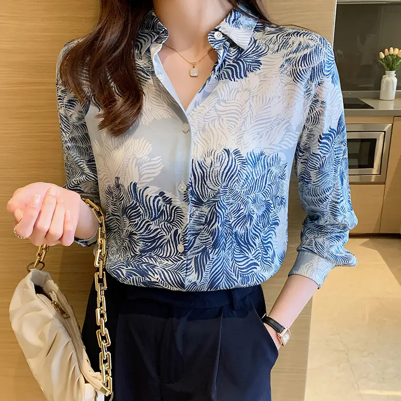 Women's Blue Leaf Print Long Sleeve Lapel Shirt - Image 5
