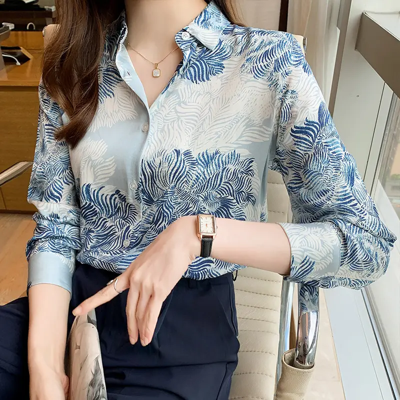 Women's Blue Leaf Print Long Sleeve Lapel Shirt - Image 6