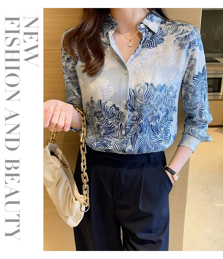 Women's Blue Leaf Print Long Sleeve Lapel Shirt — feature 10