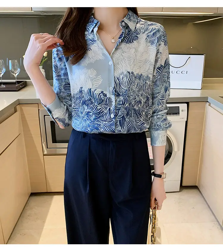 Women's Blue Leaf Print Long Sleeve Lapel Shirt — feature 13