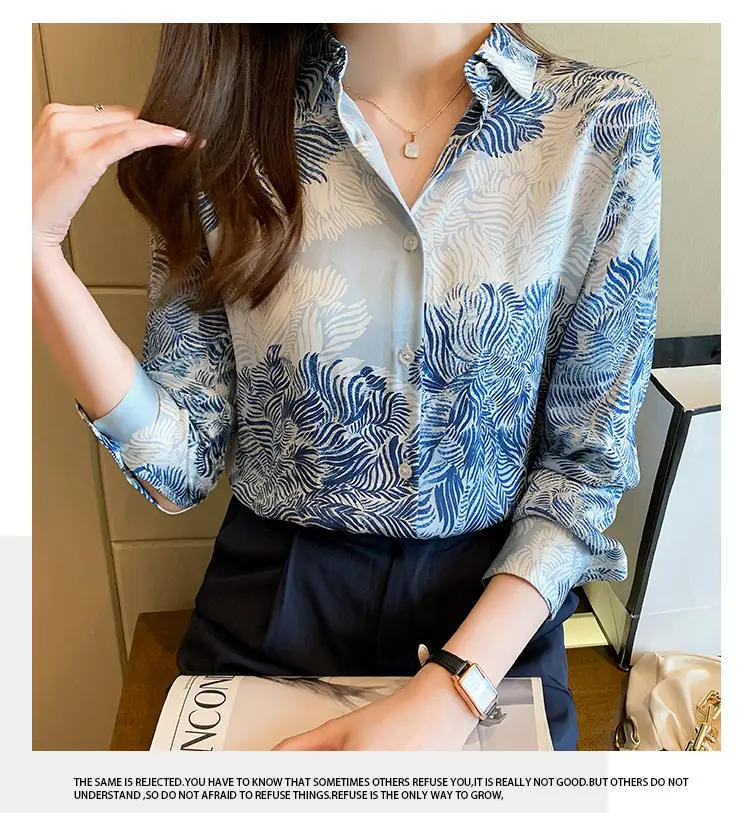 Women's Blue Leaf Print Long Sleeve Lapel Shirt — feature 14