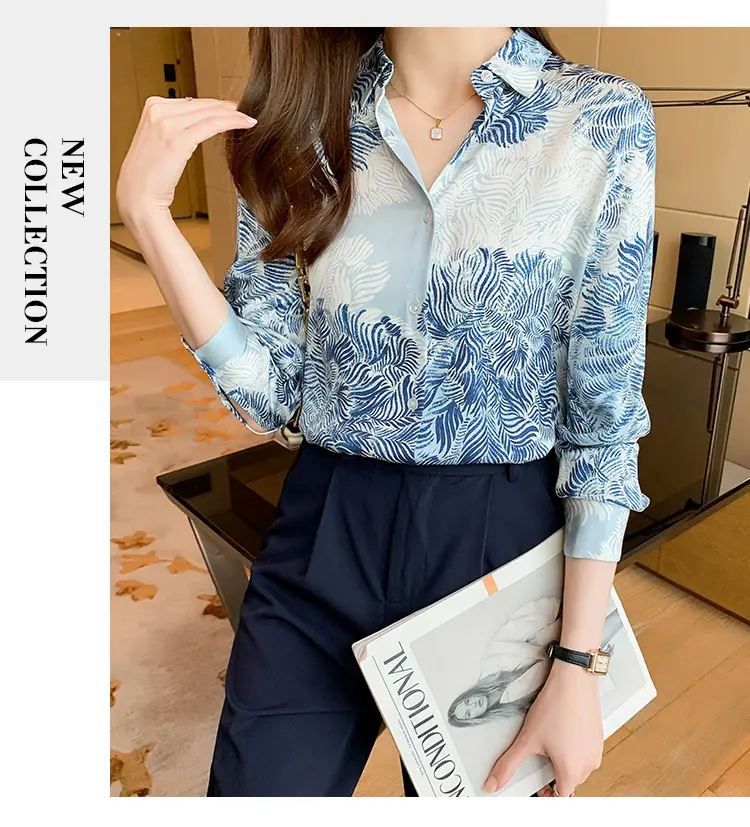 Women's Blue Leaf Print Long Sleeve Lapel Shirt — feature 15