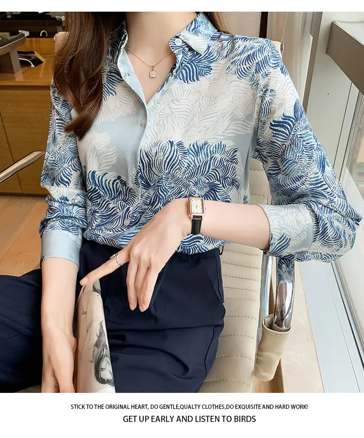 Women's Blue Leaf Print Long Sleeve Lapel Shirt — feature 16