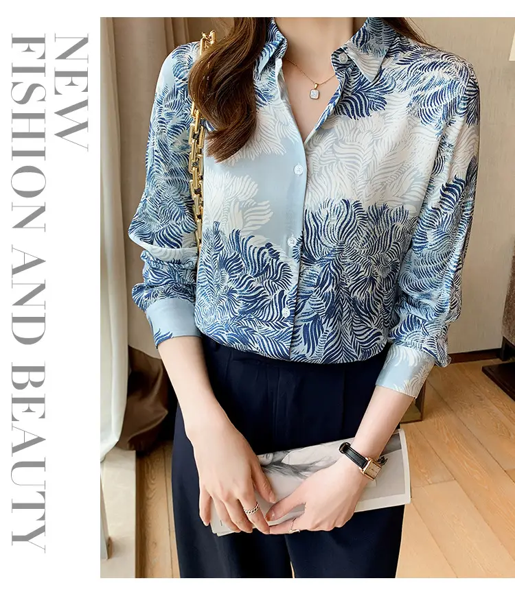 Women's Blue Leaf Print Long Sleeve Lapel Shirt — feature 17