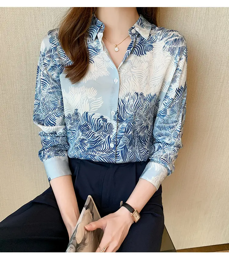 Women's Blue Leaf Print Long Sleeve Lapel Shirt — feature 20