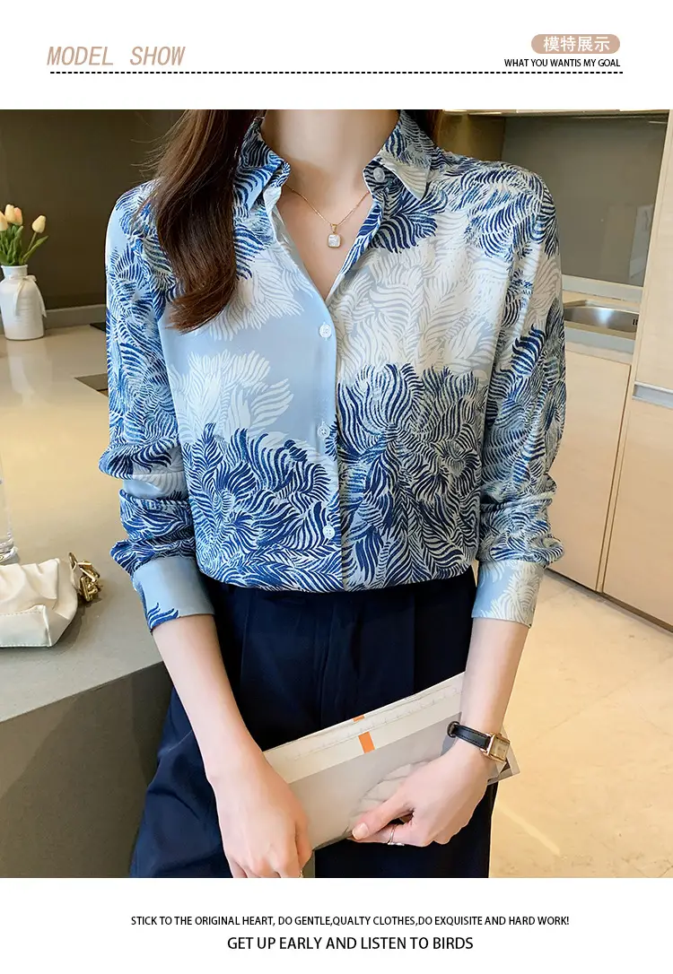 Women's Blue Leaf Print Long Sleeve Lapel Shirt — feature 9