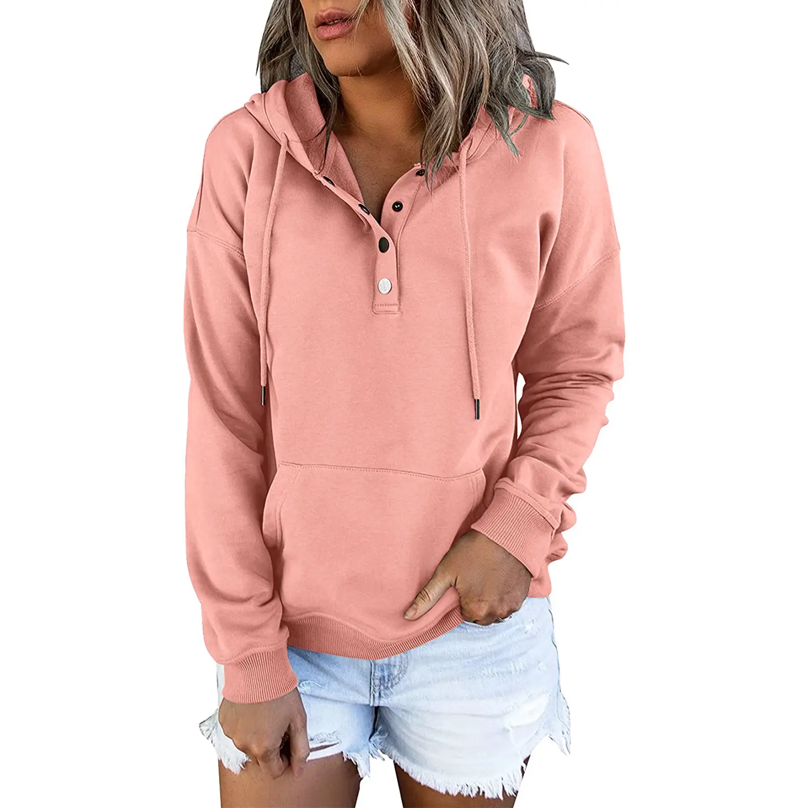 Women Pink Hooded Sweatshirt Large Cotton Pullover - Image 2