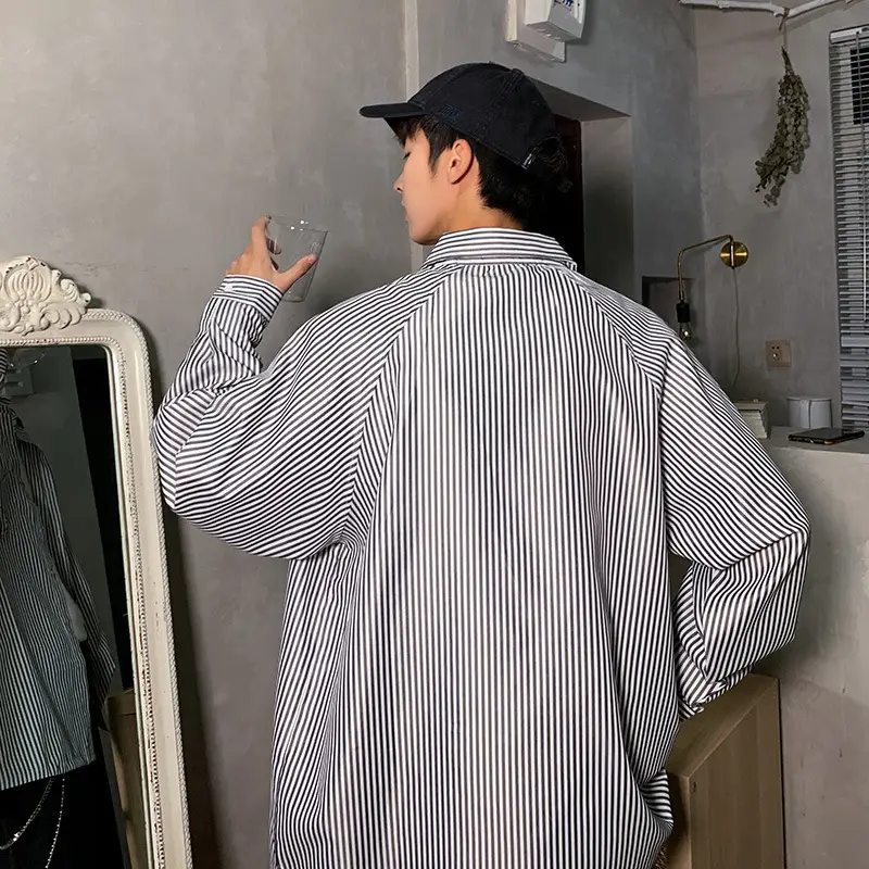 Men Blue Striped Long Sleeve Shirt Loose Fit South Korea