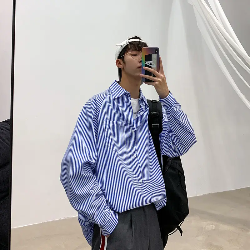 Men Blue Striped Long Sleeve Shirt Loose Fit South Korea