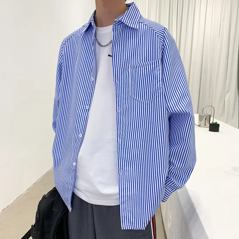 Men Blue Striped Long Sleeve Shirt Loose Fit South Korea