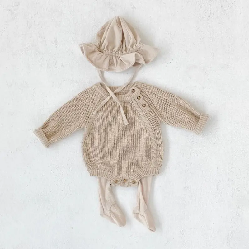 Beige Knitted Baby Outfit with Hat and Trousers - Image 3