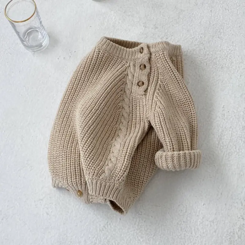 Beige Knitted Baby Outfit with Hat and Trousers - Image 4