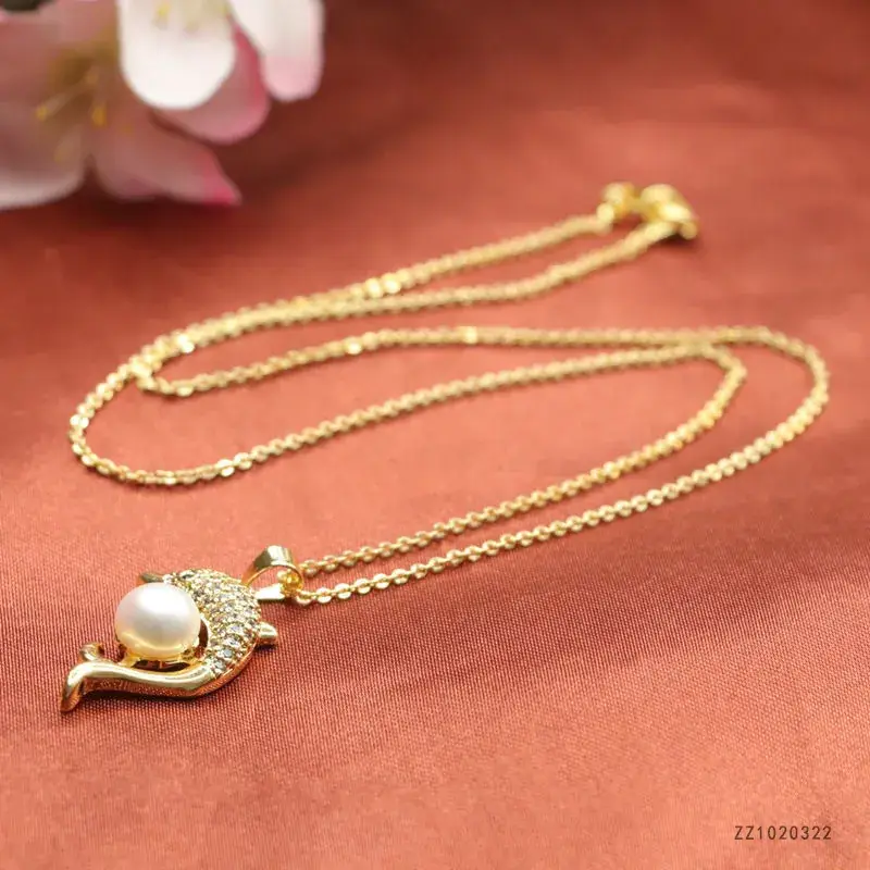 Guan Yu Pearl Dolphin Necklace with Full Diamond - Image 2