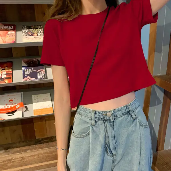 Women Green Navel T-shirt Short Sleeve Summer